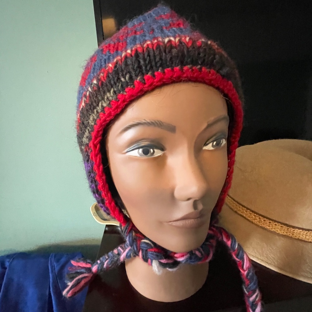 NEPAL 100% WOOL Cozy Handmade Knit Hat with Ear Flaps - Adult Unisex
